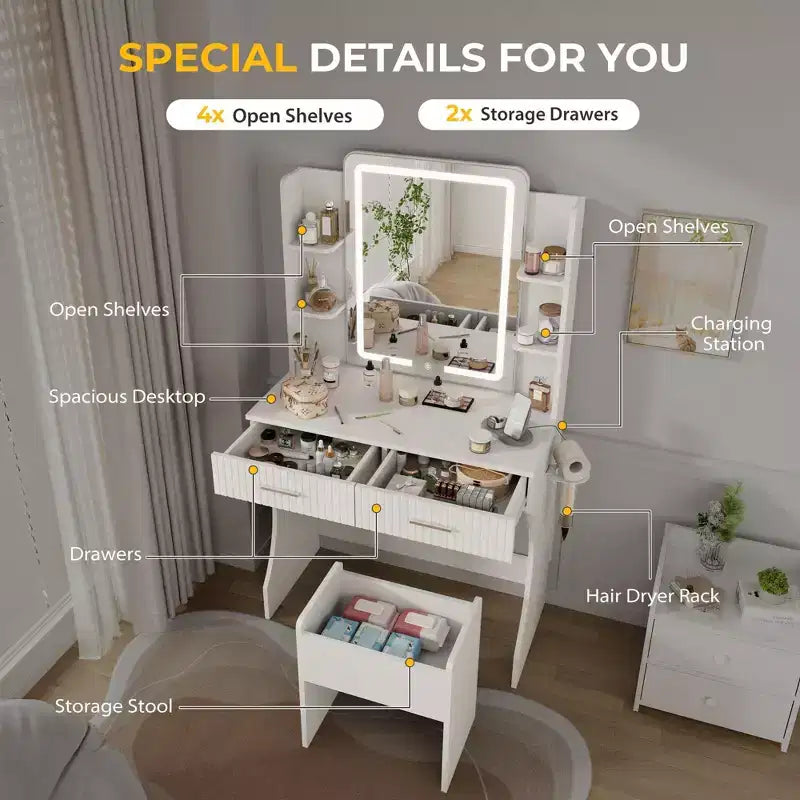 Coiffeuse con Specchio Illuminato a LED, Scrivania da Trucco con 3 Luci Regolabili, Coiffeuse Bianca con Sgabello Contenitore per Camera da Letto