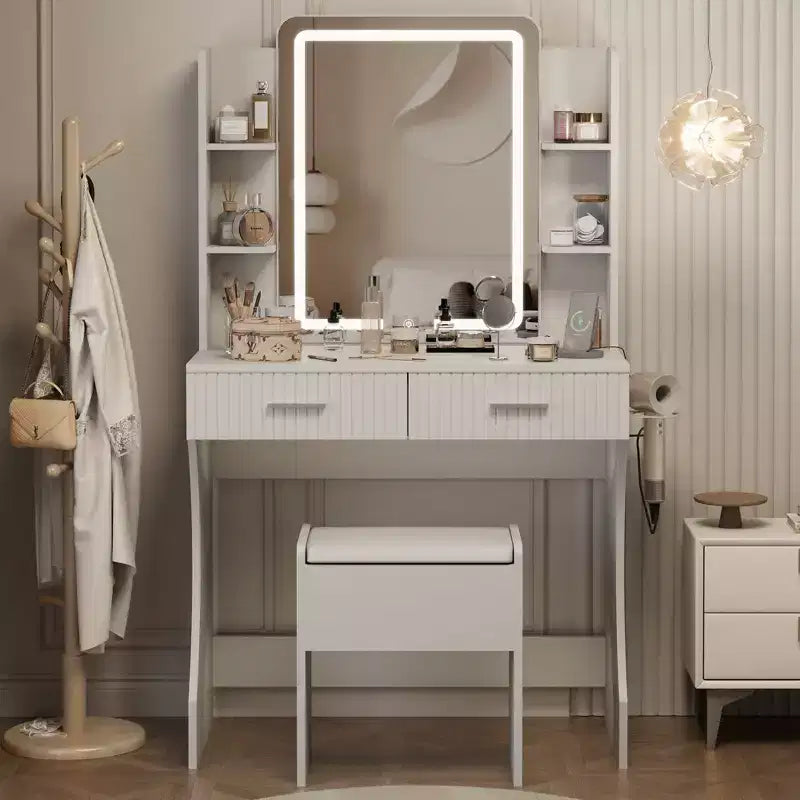 Coiffeuse con Specchio Illuminato a LED, Scrivania da Trucco con 3 Luci Regolabili, Coiffeuse Bianca con Sgabello Contenitore per Camera da Letto