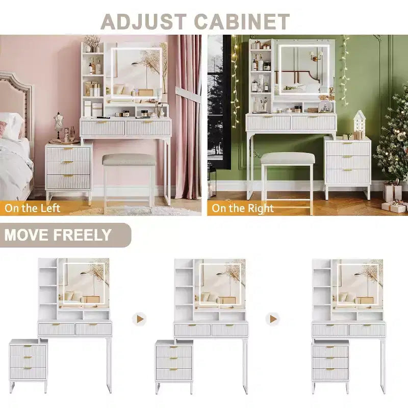 Scrivania Trucco Bianca con Specchio e Luci Regolabili a 3 Modalità, Toeletta con 5 Cassetti e Mobiletto Laterale Rimovibile, Sgabello per Camera da Letto