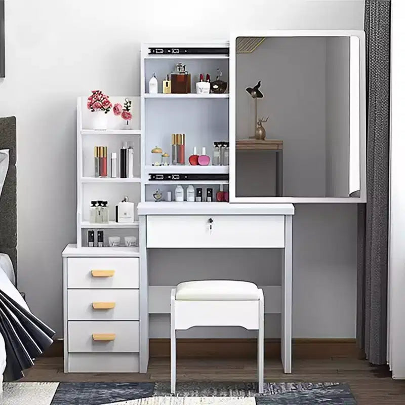 GDFStudio Tess 34.8'' Modern Mirror Vanity Desk with Lights, 1 Chair, 4 Drawers and Open Shelves