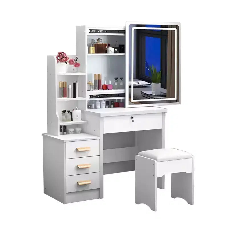 GDFStudio Tess Toeletta moderna con specchio da 34,8'' e luci, 1 sedia, 4 cassetti e ripiani aperti