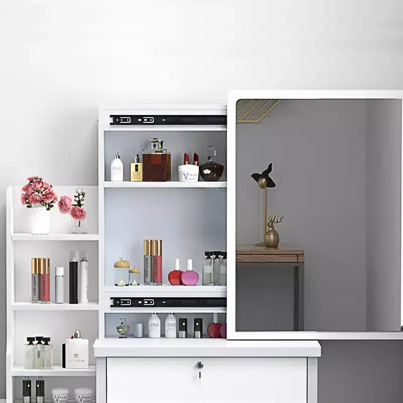 GDFStudio Tess Toeletta moderna con specchio da 34,8'' e luci, 1 sedia, 4 cassetti e ripiani aperti