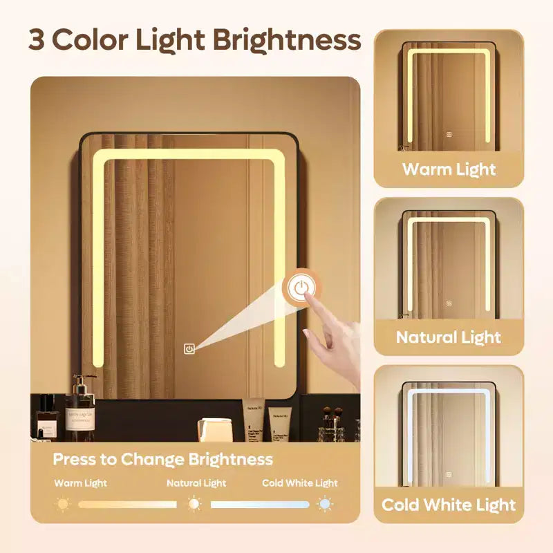 Set toilette Bestier con specchio illuminato, toeletta da camera e sgabello con porta asciugacapelli, toeletta e sedia da 80 cm con 2 cassetti
