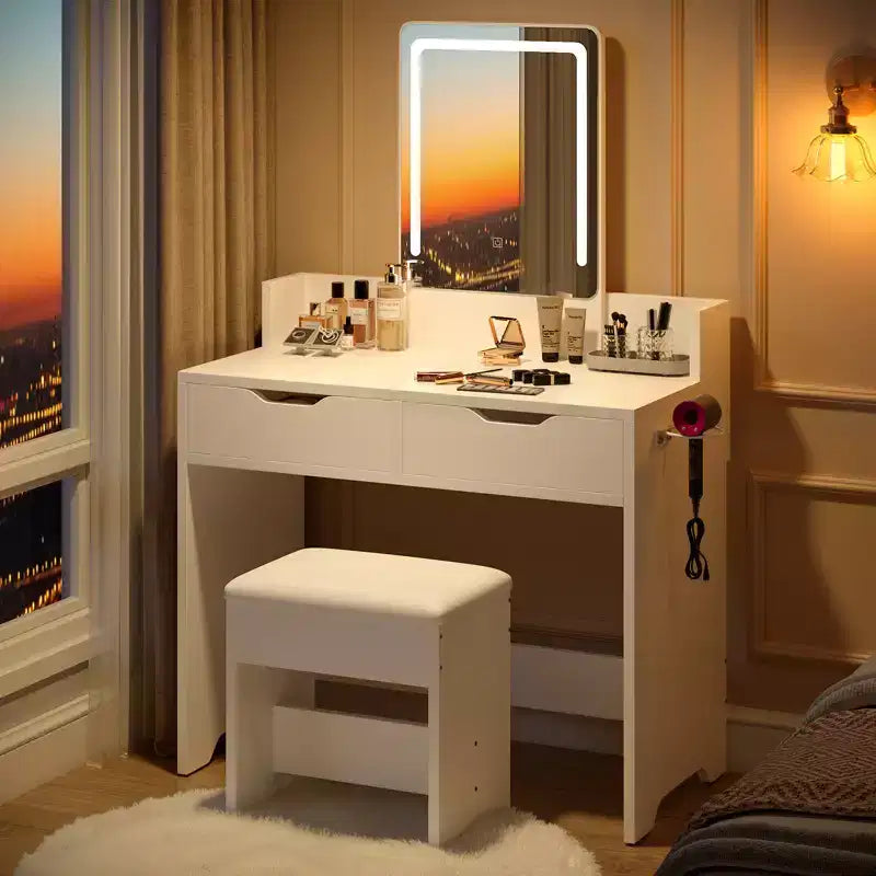 Set toilette Bestier con specchio illuminato, toeletta da camera e sgabello con porta asciugacapelli, toeletta e sedia da 80 cm con 2 cassetti