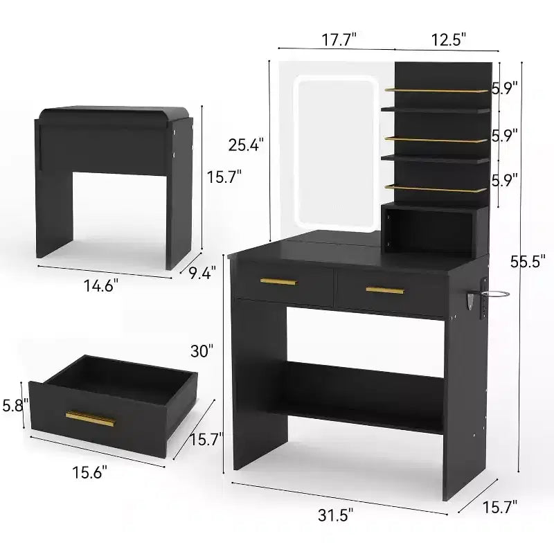 Tavolo da Trucco con Specchio Illuminato, Toeletta da Trucco con Presa di Corrente, 3 Colori di Illuminazione, Luminosità Regolabile, Tavolo da Trucco per Donne