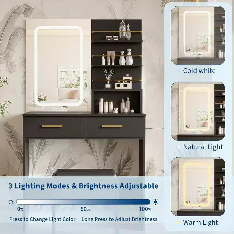 Tavolo da Trucco con Specchio Illuminato, Toeletta da Trucco con Presa di Corrente, 3 Colori di Illuminazione, Luminosità Regolabile, Tavolo da Trucco per Donne