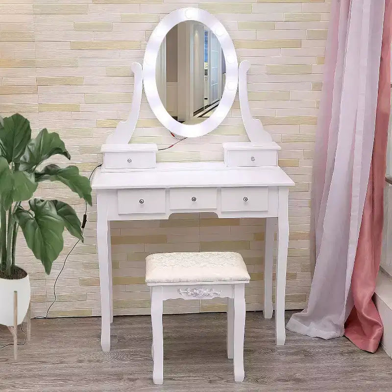 Moderna Toeletta con Specchi e Luce LED, Scrivania da Trucco 2 in 1 in Legno con Sedie, con Cassetti, Contenitori, per Camera da Letto
