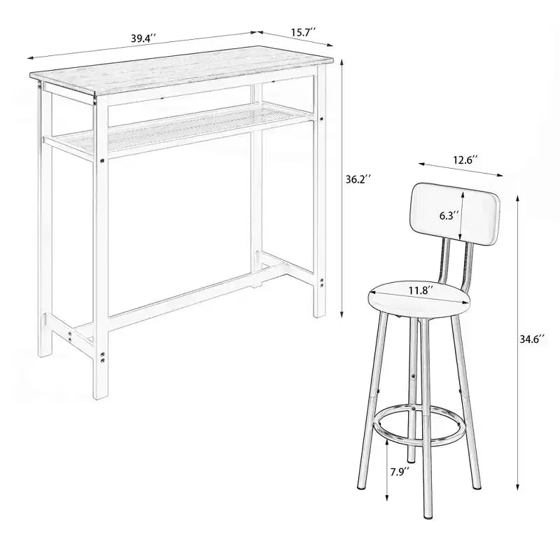 Set da pranzo Okak da 3 pezzi industriale a doppio livello con sedie con schienale per sala da pranzo, ristorante, set dinette in metallo e legno per angolo colazione