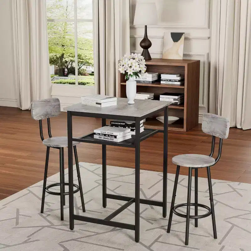 Set da pranzo Okak da 3 pezzi industriale a doppio livello con sedie con schienale per sala da pranzo, ristorante, set dinette in metallo e legno per angolo colazione