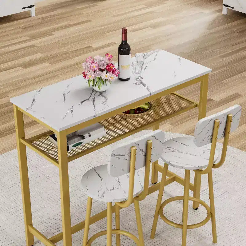 Set da pranzo Okak da 3 pezzi industriale a doppio livello con sedie con schienale per sala da pranzo, ristorante, set dinette in metallo e legno per angolo colazione