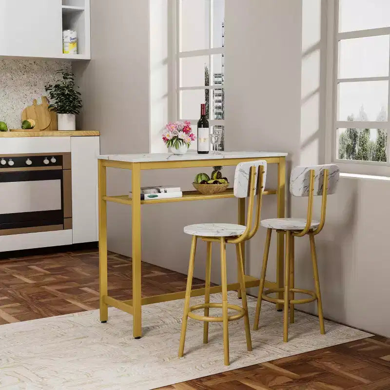Set da pranzo Okak da 3 pezzi industriale a doppio livello con sedie con schienale per sala da pranzo, ristorante, set dinette in metallo e legno per angolo colazione