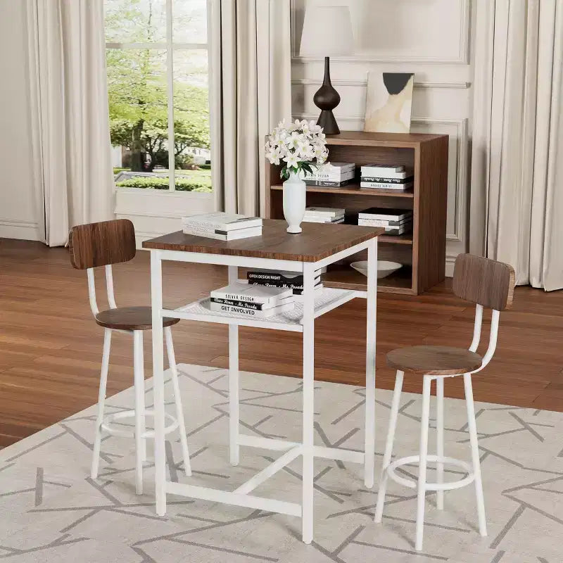 Set da pranzo Okak da 3 pezzi industriale a doppio livello con sedie con schienale per sala da pranzo, ristorante, set dinette in metallo e legno per angolo colazione
