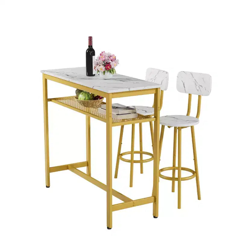 Set da pranzo Okak da 3 pezzi industriale a doppio livello con sedie con schienale per sala da pranzo, ristorante, set dinette in metallo e legno per angolo colazione