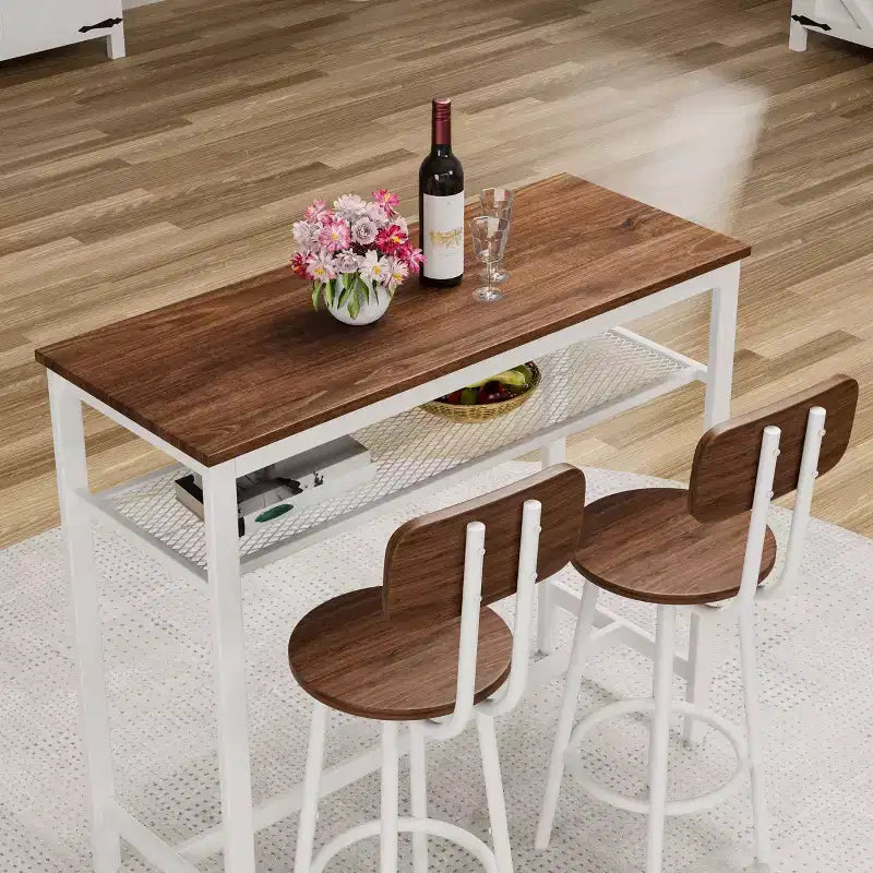 Set da pranzo Okak da 3 pezzi industriale a doppio livello con sedie con schienale per sala da pranzo, ristorante, set dinette in metallo e legno per angolo colazione