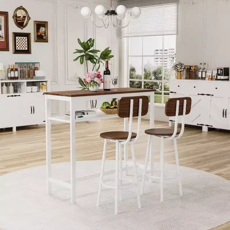 Set da pranzo Okak da 3 pezzi industriale a doppio livello con sedie con schienale per sala da pranzo, ristorante, set dinette in metallo e legno per angolo colazione