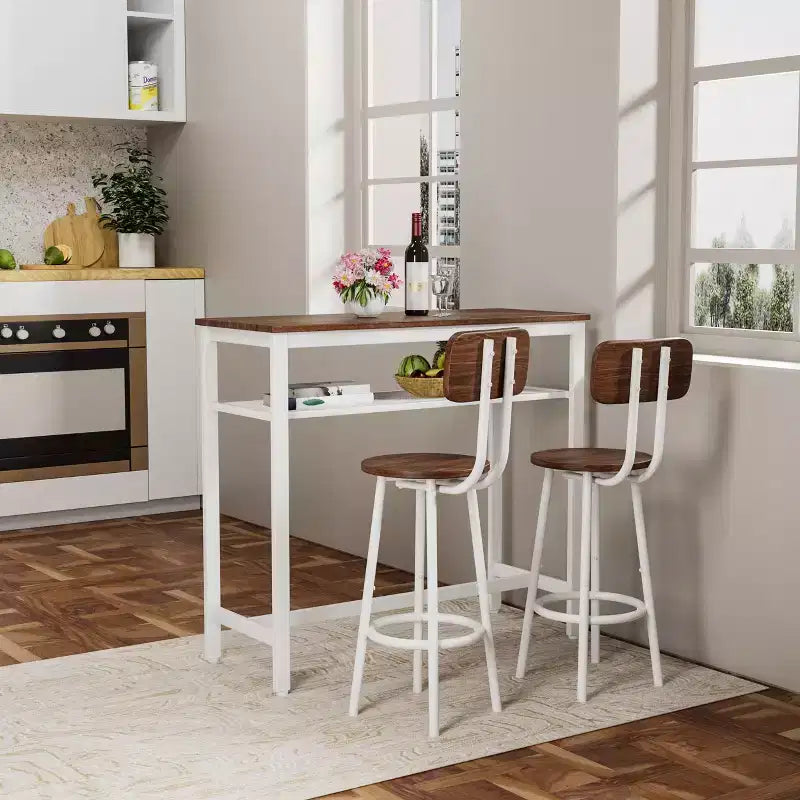 Set da pranzo Okak da 3 pezzi industriale a doppio livello con sedie con schienale per sala da pranzo, ristorante, set dinette in metallo e legno per angolo colazione