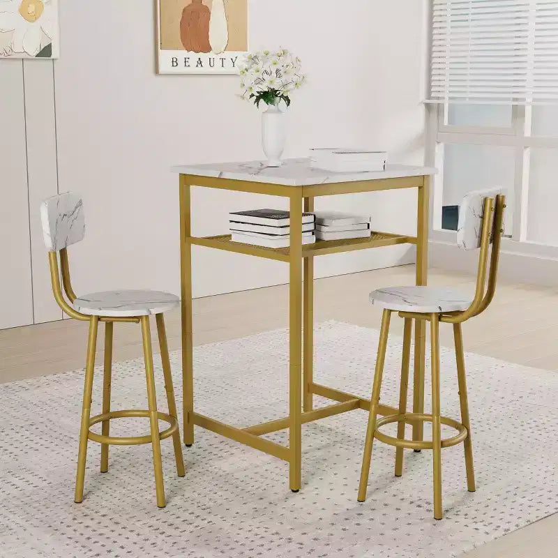 Set da pranzo Okak da 3 pezzi industriale a doppio livello con sedie con schienale per sala da pranzo, ristorante, set dinette in metallo e legno per angolo colazione