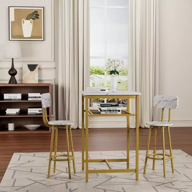 Set da pranzo Okak da 3 pezzi industriale a doppio livello con sedie con schienale per sala da pranzo, ristorante, set dinette in metallo e legno per angolo colazione