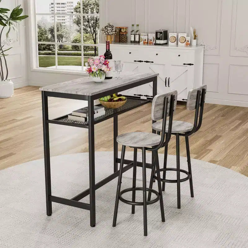 Set da pranzo Okak da 3 pezzi industriale a doppio livello con sedie con schienale per sala da pranzo, ristorante, set dinette in metallo e legno per angolo colazione