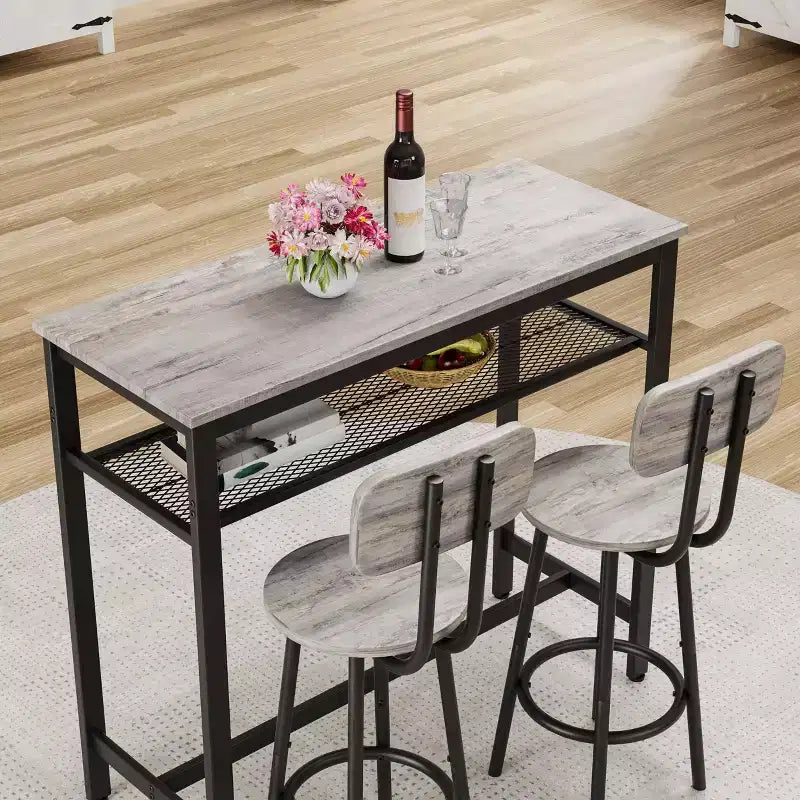 Set da pranzo Okak da 3 pezzi industriale a doppio livello con sedie con schienale per sala da pranzo, ristorante, set dinette in metallo e legno per angolo colazione
