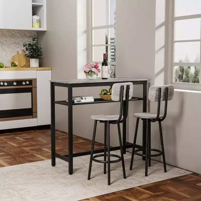 Set da pranzo Okak da 3 pezzi industriale a doppio livello con sedie con schienale per sala da pranzo, ristorante, set dinette in metallo e legno per angolo colazione