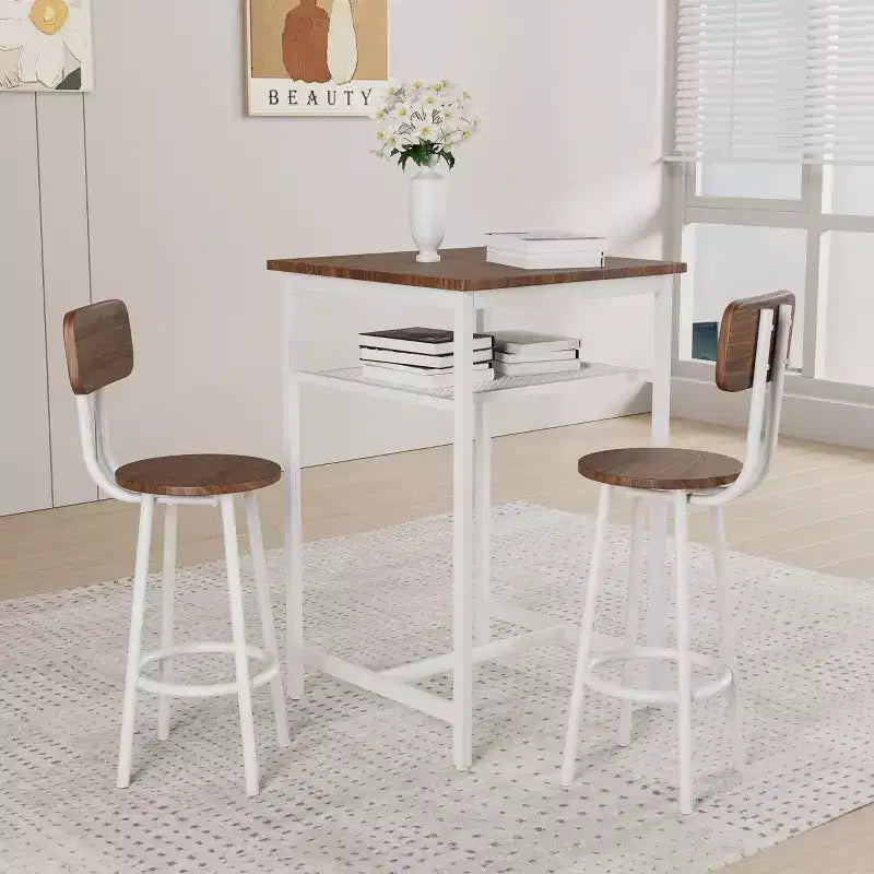Okak 3-Piece Industrial Double-Tier Dining Table Set & Backrest Chairs for Dining Room,Restaurant,Metal & Wood Dinette Set for Breakfast Nook