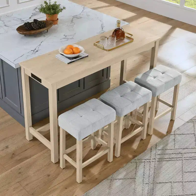 Set tavolo da pranzo e sgabelli da bar Okak da 4 pezzi in stile rustico per cucina, sala da pranzo, set tavolo da colazione in legno massello con presa di corrente