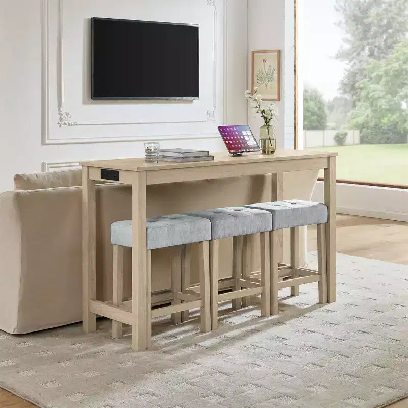 Set tavolo da pranzo e sgabelli da bar Okak da 4 pezzi in stile rustico per cucina, sala da pranzo, set tavolo da colazione in legno massello con presa di corrente