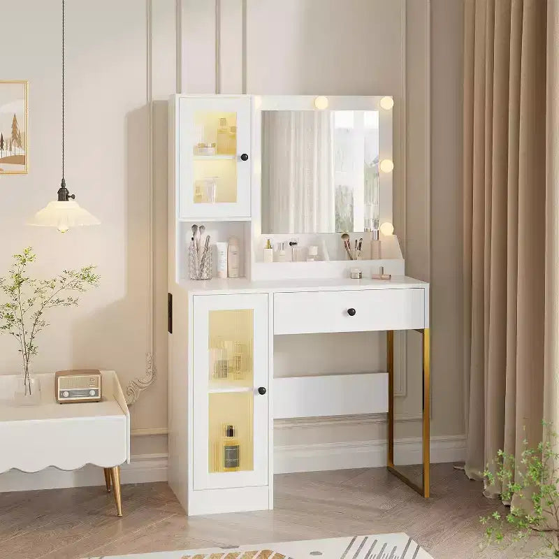 Toeletta con Specchio, Tavolino da Trucco con Gambe in Metallo, Cassetti e Armadietti per Camera da Letto, Sala Trucco, Guardaroba
