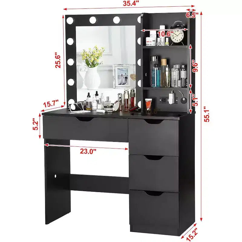Toeletta con Specchio, Tavolo da Trucco Moderno con 4 Cassetti e 3 Ripiani Contenitori, Scrivania da Trucco per Camera da Letto, Spogliatoio, Guardaroba