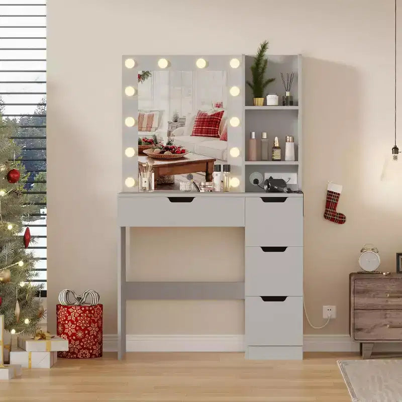 Toeletta con Specchio, Tavolo da Trucco Moderno con 4 Cassetti e 3 Ripiani Contenitori, Scrivania da Trucco per Camera da Letto, Spogliatoio, Guardaroba