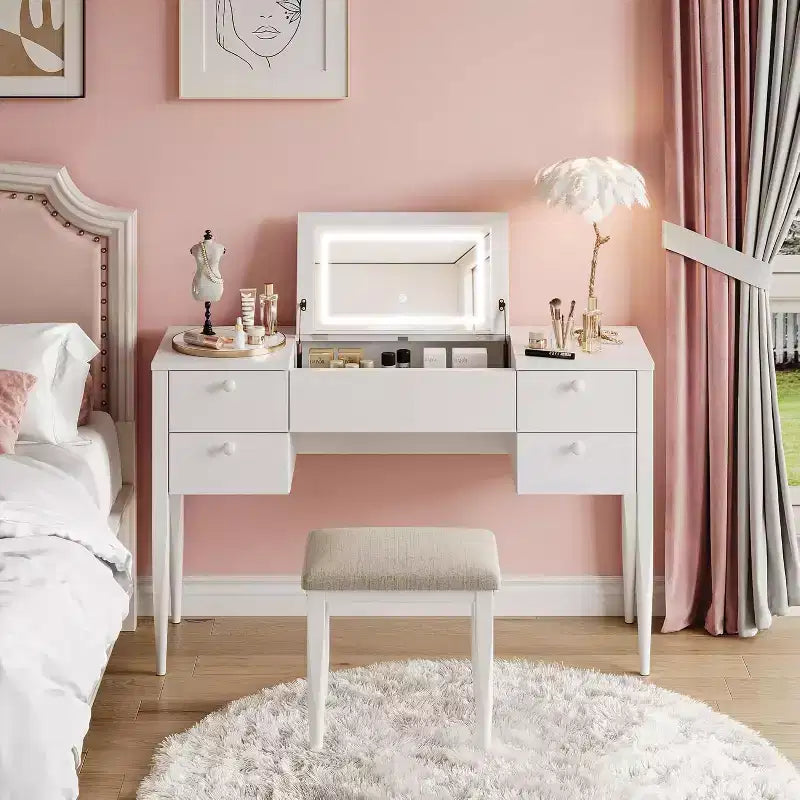 Toeletta Trucco da 119 cm con Specchio a Scomparsa, Set Moderno da Trucco con Sedia e 5 Cassetti per Camera da Letto, Spogliatoio, Guardaroba