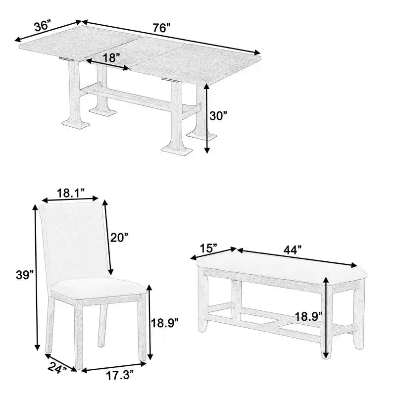 Set da pranzo Whisen 6 pezzi stile rustico con tavolo allungabile, prolunga rimovibile, sedie imbottite e panca