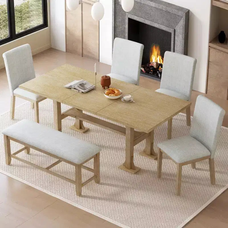 Set da pranzo Whisen 6 pezzi stile rustico con tavolo allungabile, prolunga rimovibile, sedie imbottite e panca