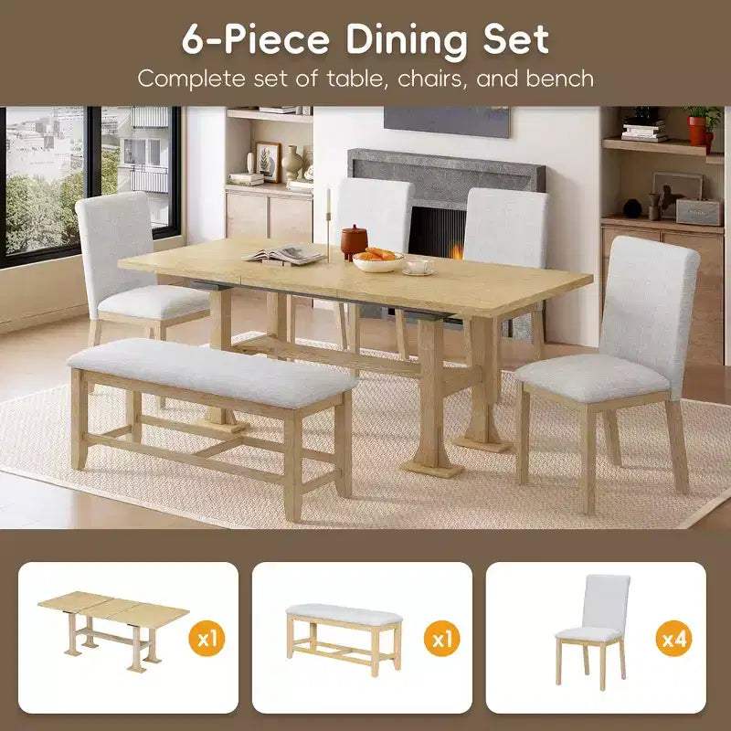 Set da pranzo Whisen 6 pezzi stile rustico con tavolo allungabile, prolunga rimovibile, sedie imbottite e panca