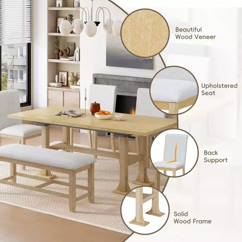 Set da pranzo Whisen 6 pezzi stile rustico con tavolo allungabile, prolunga rimovibile, sedie imbottite e panca