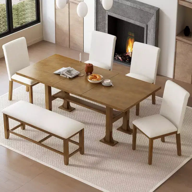Set da pranzo Whisen 6 pezzi stile rustico con tavolo allungabile, prolunga rimovibile, sedie imbottite e panca