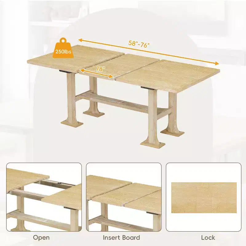 Set da pranzo Whisen 6 pezzi stile rustico con tavolo allungabile, prolunga rimovibile, sedie imbottite e panca