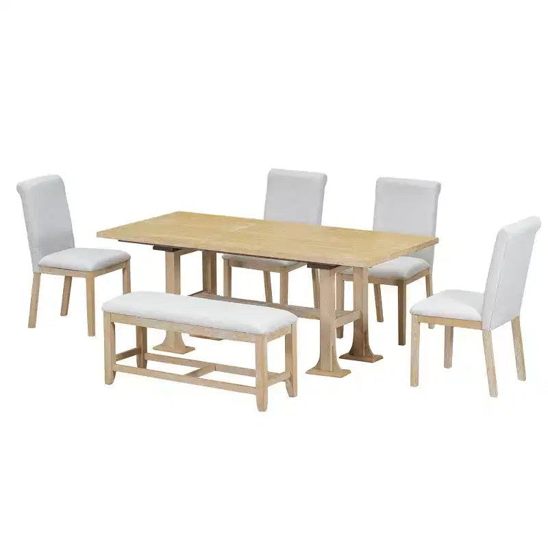 Set da pranzo Whisen 6 pezzi stile rustico con tavolo allungabile, prolunga rimovibile, sedie imbottite e panca
