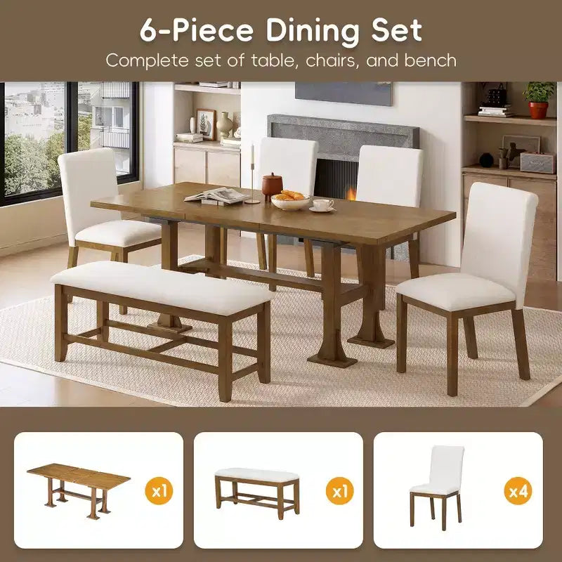 Set da pranzo Whisen 6 pezzi stile rustico con tavolo allungabile, prolunga rimovibile, sedie imbottite e panca
