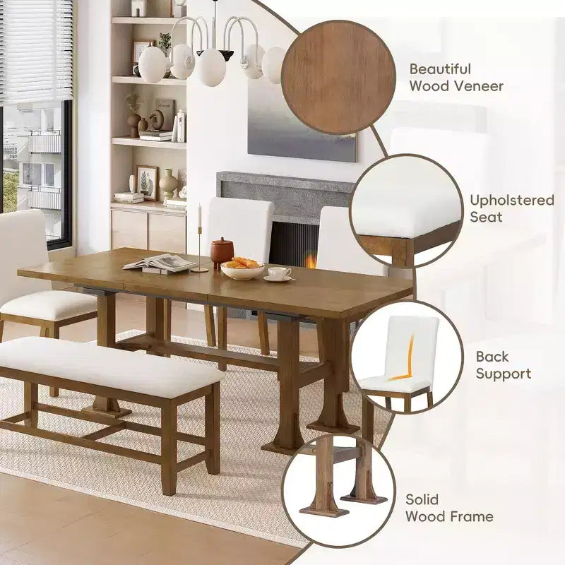 Set da pranzo Whisen 6 pezzi stile rustico con tavolo allungabile, prolunga rimovibile, sedie imbottite e panca