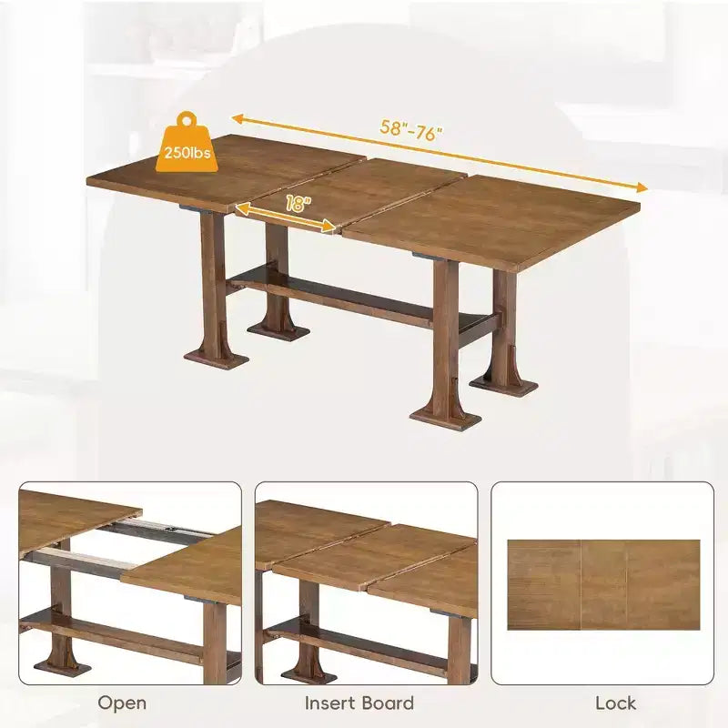 Set da pranzo Whisen 6 pezzi stile rustico con tavolo allungabile, prolunga rimovibile, sedie imbottite e panca