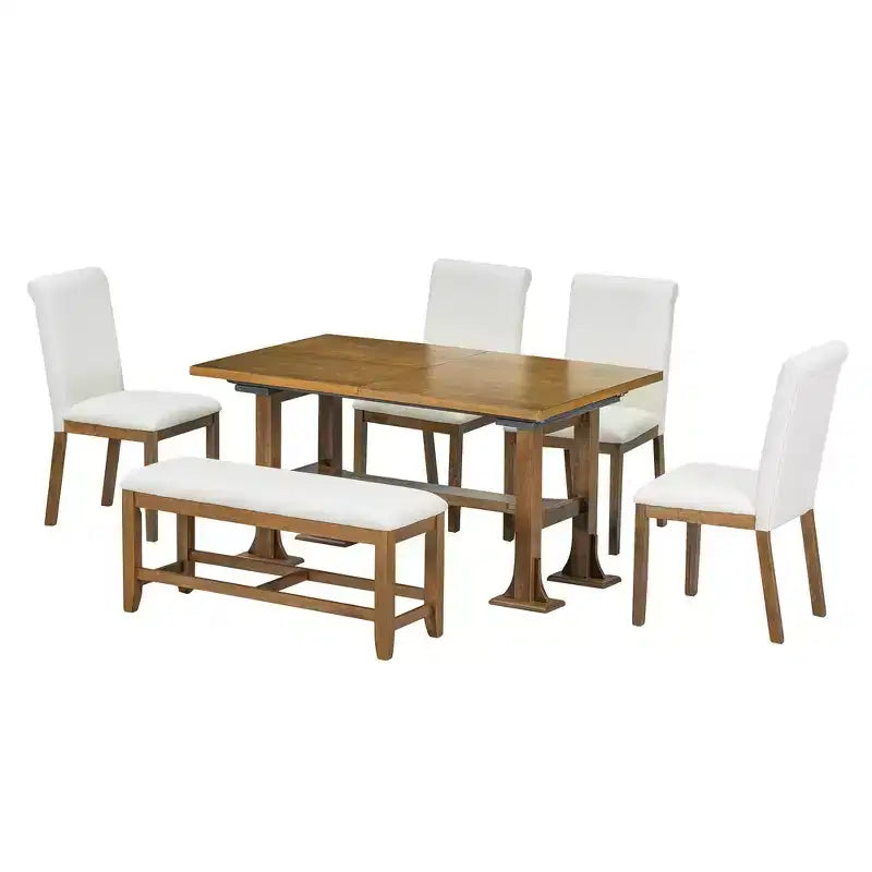 Set da pranzo Whisen 6 pezzi stile rustico con tavolo allungabile, prolunga rimovibile, sedie imbottite e panca