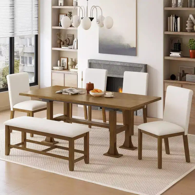 Whisen 6-Piece Farmhouse Extendable Dining Table Sets with Removable Leaf and Upholstered Dining Chair, Bench