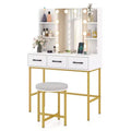 Costway Vanity Desk with Mirror Lights Power Outlets 4 Open Shelves 3 Storage Drawers