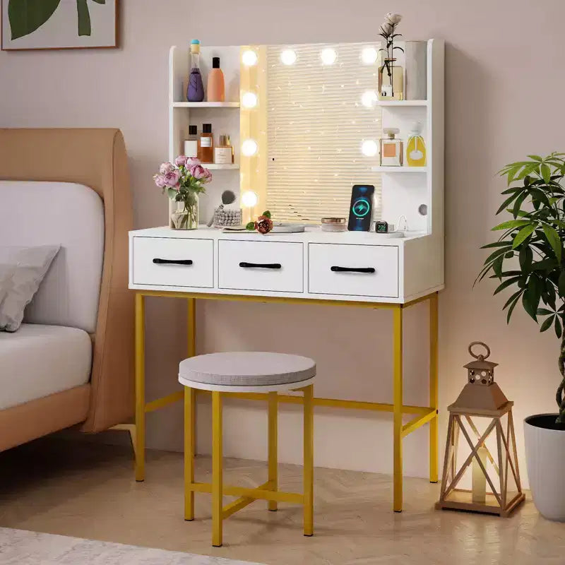 Costway Toilette con Luci a Specchio Prese di Corrente 4 Ripiani Aperti 3 Cassetti