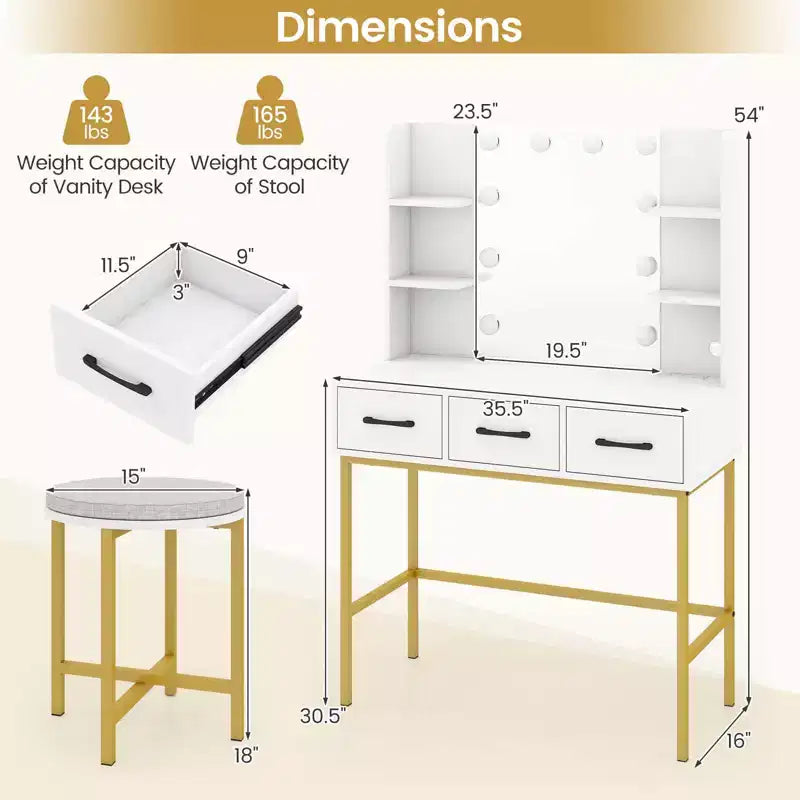 Costway Toilette con Luci a Specchio Prese di Corrente 4 Ripiani Aperti 3 Cassetti