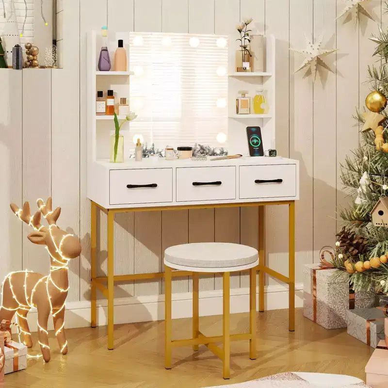 Costway Toilette con Luci a Specchio Prese di Corrente 4 Ripiani Aperti 3 Cassetti
