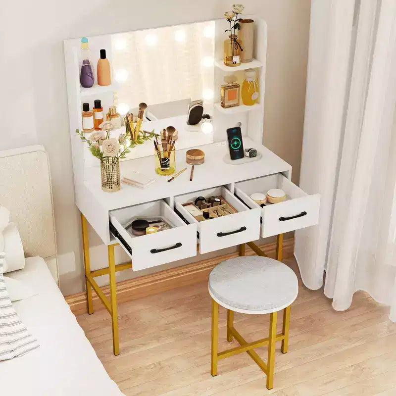 Costway Toilette con Luci a Specchio Prese di Corrente 4 Ripiani Aperti 3 Cassetti