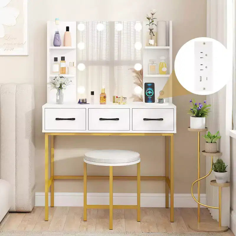 Costway Toilette con Luci a Specchio Prese di Corrente 4 Ripiani Aperti 3 Cassetti